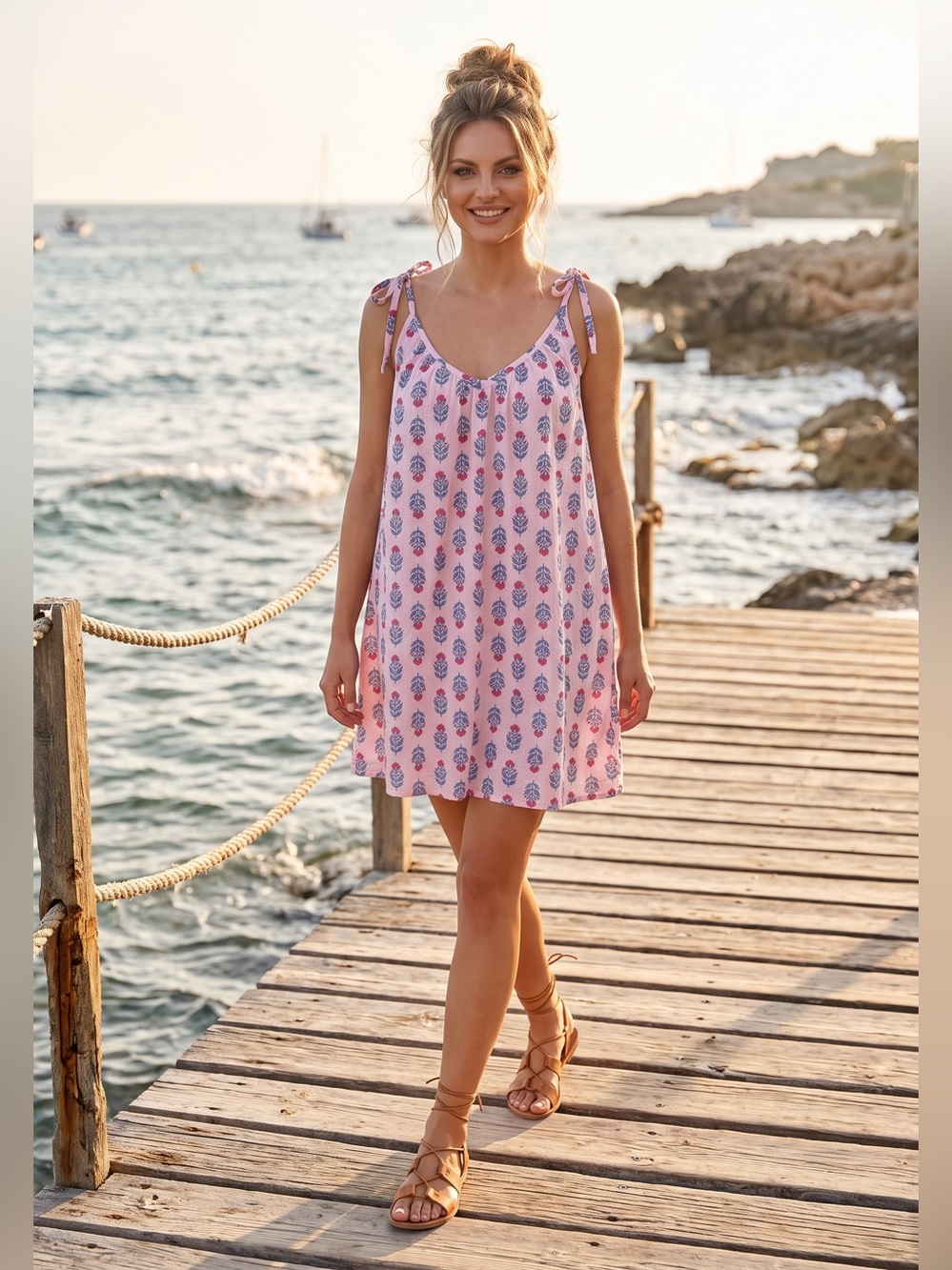 Old Navy Pink Printed Tie-Shoulder Midi